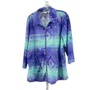 Weekends by Chico's Purple Blue Abstract Womens Full Zip Sweater L Cotton